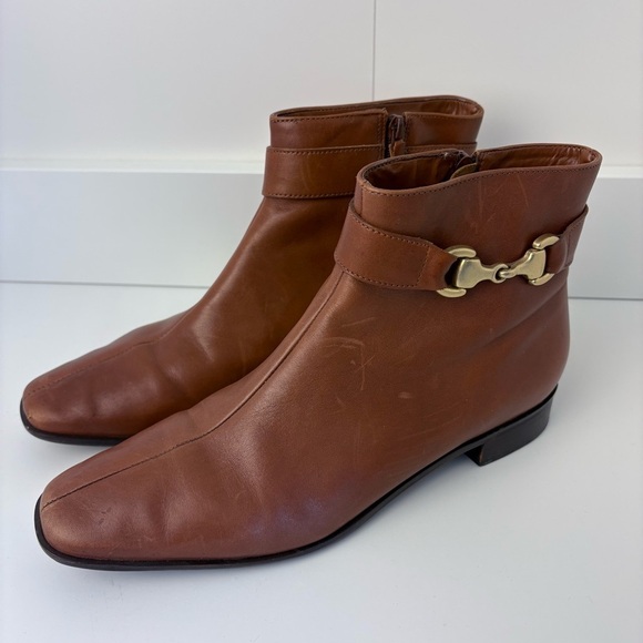 Talbots Shoes - Talbots Brown Leather Ankle Boots with Gold Buckle Accent